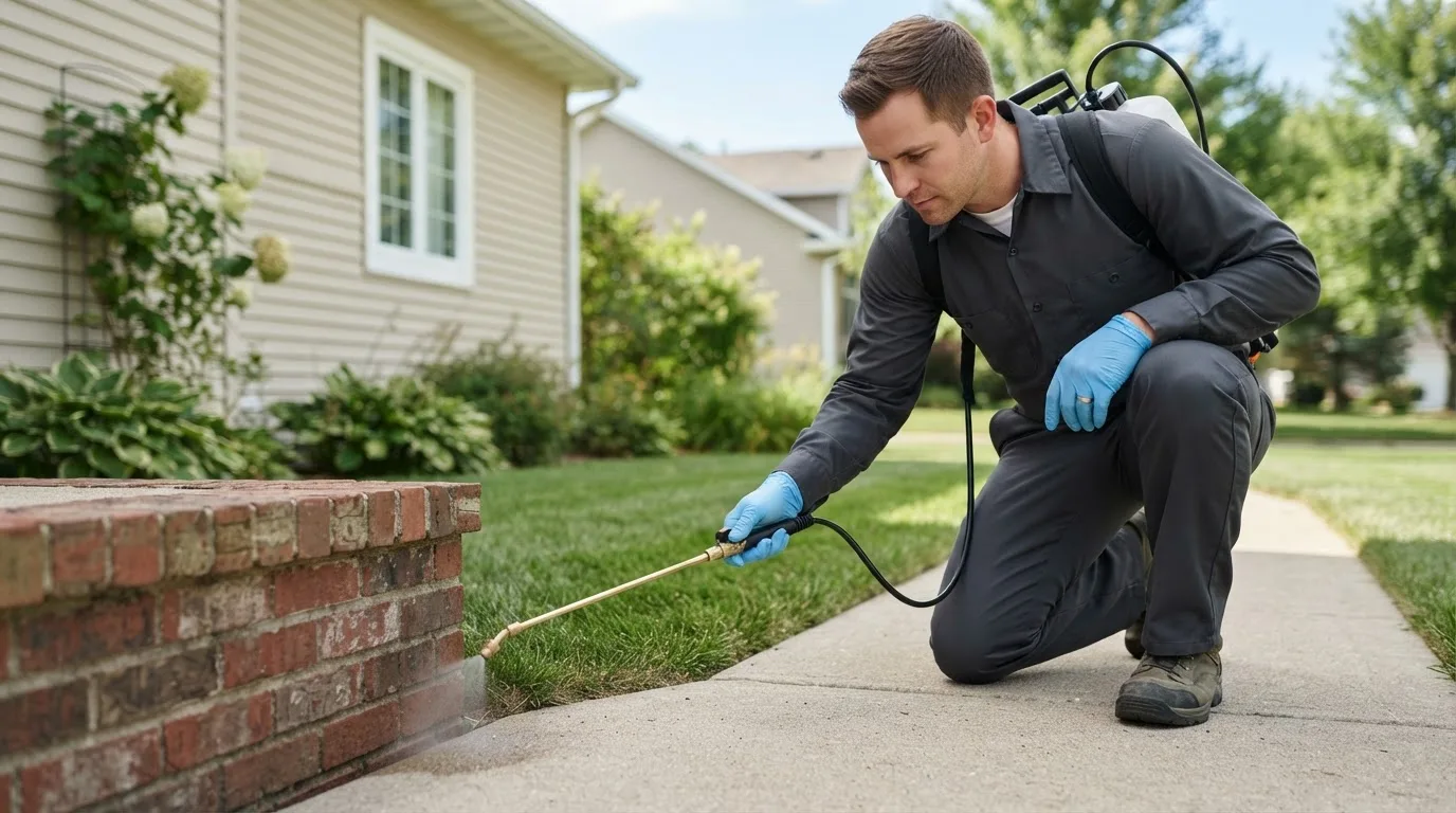 Pest control technician treating a home near Marblehead, MA